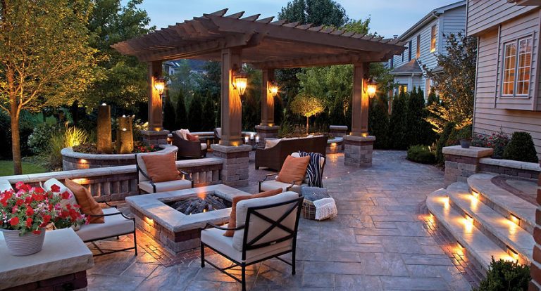 Cedar Lake Landscape Contractors backyard Custom Hardscape with lighting